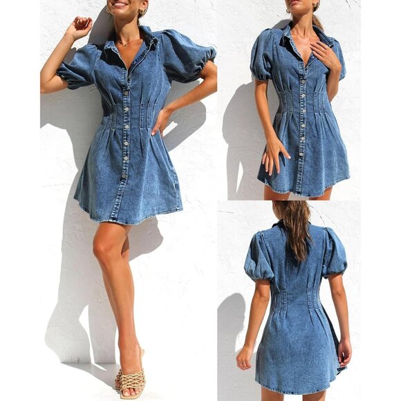 Denim Dress Women Puff Sleeve Slim Fit Casual Summer Blue Size Medium - Picture 5 of 6